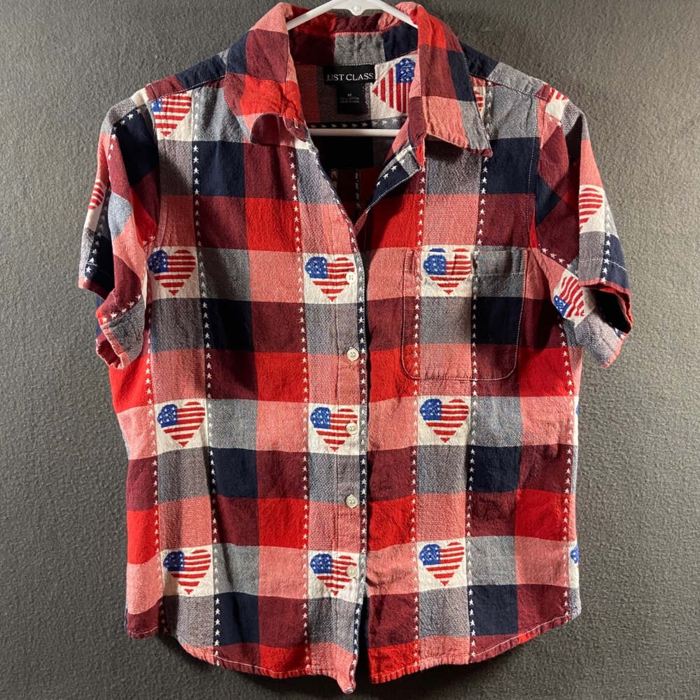 VTG 90s Americana Plaid Heart Flag Top Womens Kitsch Cottagecore Patriotic